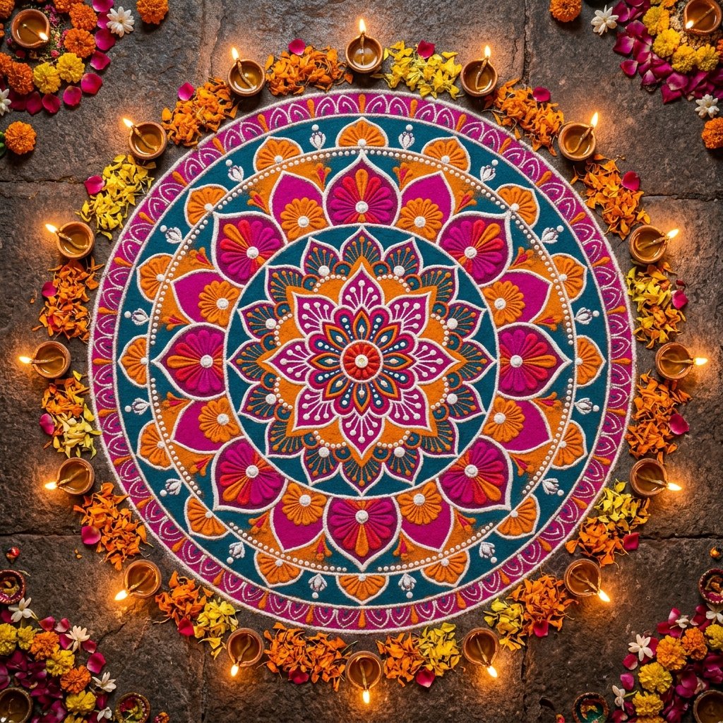 Vibrant handmade rangoli with diyas and marigold petals